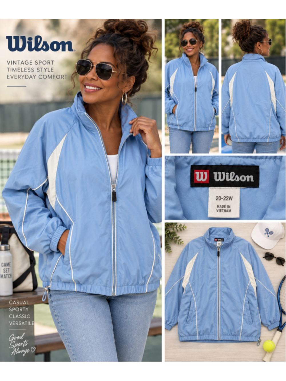 Vintage Wilson Light Blue Windbreaker Jacket White Piping Full Zip 80s 90s